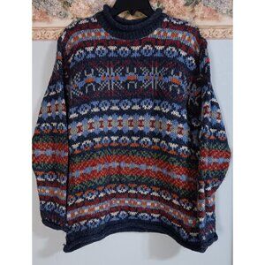 Claudia D Large Multicolor Vintage Knit Pullover Cottage Country Wool Sweater